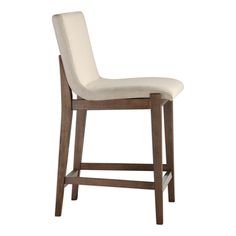 an upholstered bar stool with beige fabric and wood frame, against a white background