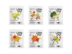 six little leaf packets with different fruits and vegetables on the front, including broccoli,