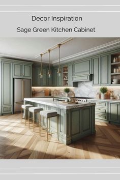 an image of a kitchen with green cabinets and marble counter tops, along with two bar stools