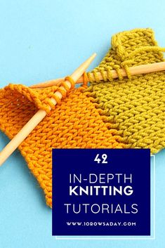 two knitting needles are next to an orange and yellow knitted bag with the words in - depth knitting on it