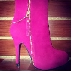 Fun Fuchsia Zipper Booties Color: Fuchsia Material: Micro Suede Approximately 4.5 Inch Heels Fastening: Zipper Trendy Pink Boots With Zipper Closure, Pink Booties Outfit, Hot Pink Booties, Shoes Fun, Open Toe Ankle Boots, Pink Booties, Booties Outfit, Black Suede Ankle Boots, Pink Boots