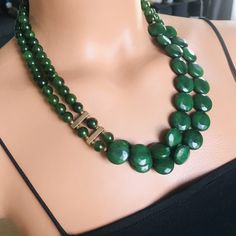 📍 Description :  The handmade multistrand necklace has been designed with Agate gemstone in green colour. 💥 The colours of the stone may differ slightly in photo shoots caused by lighting and reflections. ✂ Materials : The natural stone used are; green colour Agate gemstone in round shape The chain and gold-colored materials used are 14 carat gold plated and do not tarnish. 📐 Dimensions : 1st necklace : has a length of 48 centimeters/20 inç and can be adjusted using an extention cord. The wei Green Gemstone Beads Necklace, Green Multi-strand Beaded Necklace With Natural Stones, Green Multi-strand Necklace With Natural Stones, Green Beaded Necklace With Natural Stones, Green Beaded Necklace With Faceted Beads, Elegant Green Beaded Necklace With Large Beads, Jade Gemstone, Indian Jewelry Sets, Necklace Chunky