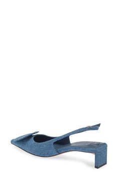 These denim slingback pumps feature mismatched circle and square appliqués at the pointy toe and a kitten heel that bring modern fun to your street style. 2" (51mm) heel (size 39) Adjustable slingback strap with buckle closure Cushioned footbed Textile upper/leather lining and sole Made in Italy Designer Shoes Designer Pointed Toe Slingback Pumps For Spring, Designer Slingback Pumps With Pointed Toe For Spring, Designer Blue Slingback Pumps With Pointed Toe, Designer Kitten Heels With Pointed Toe For Summer, Designer Summer Kitten Heels With Pointed Toe, Designer Low Heel Slingback Pumps For Summer, Ivory Pumps, Slingback Flats, Blue Pumps