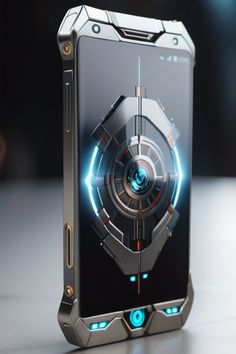 the back side of a cell phone with an image of a futuristic device on it