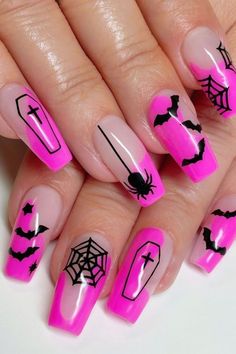 Halloween Nail Designs Spooky, Cute Halloween Nails Coffin Shape, Halloween Nail Designs Acrylic Coffin Short, Medium Coffin Halloween Nails, Halloween Nail Designs Kids, Cute Short Nails Halloween, Pretty Halloween Nails Pink, Pink Black Halloween Nails, Holoween Nail Idea