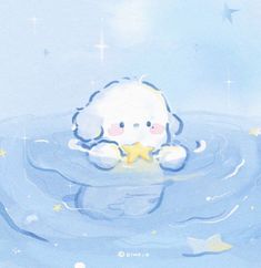 a little white teddy bear sitting in the water with a star on its chest and eyes closed