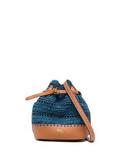 teal blue/cognac brown woven raffia design leather trim gold-tone logo lettering gold-tone hardware top drawstring fastening adjustable shoulder strap main compartment Designer Blue Woven Leather Shoulder Bag, Blue Leather Shoulder Bag With Woven Detail, Designer Blue Shoulder Bag With Woven Leather, Luxury Blue Shoulder Bag With Braided Handles, Designer Blue Bags With Braided Handles, Blue Woven Leather Bag, Blue Woven Leather Bags For Daily Use, Designer Blue Shoulder Bag With Braided Handles, Designer Woven Leather Bucket Bag