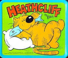 an image of a cartoon cat playing with a fish on its back and the caption reads, heathclif