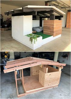 two pictures side by side showing the inside and outside of a house with wood siding