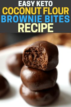 easy keto coconut flour brownie bites recipe on a white plate with text overlay