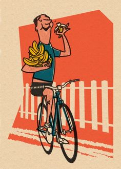 a man on a bike with bananas in his hand and a glass of beer behind him