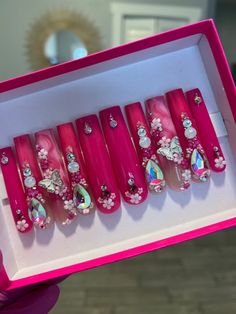 4XL Square Extendo Hot Pink Barbie Inspired Nails Press on Nailsbling Nailspink Marble Nail Pink Rhinestone Acrylic Nails, Hot Pink Bling Nails, Rhinestones Placement, Pink Bling Acrylic Nails, Barbie Inspired Nails, Pink Bling Nails, Really Long Nails, Hot Pink Barbie, Bday Nails