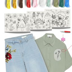 an assortment of clothing and craft supplies including scissors, thread, paper flowers, and more