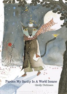 an illustration of a cat in the middle of a snowy landscape with trees and flowers