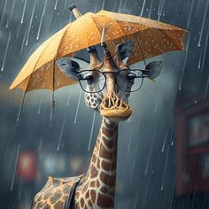 a giraffe wearing glasses and holding an umbrella in the rain with it's head up