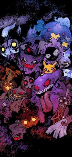 an image of some cartoon characters on a black and purple background with the words halloween written below it