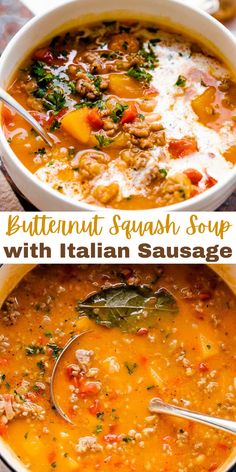 This butternut squash soup with Italian sausage is a full-flavored, richly textured soup prepared with spicy and bold Italian sausage, tender white beans, tangy diced tomatoes, and a base of pureed butternut squash. It’s SO good!