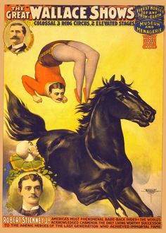 an advertisement for the great wallace show featuring a woman riding a black horse and two men