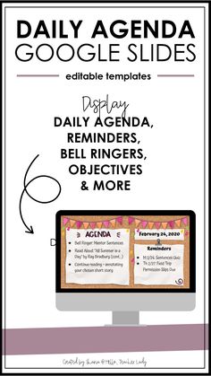 the daily agenda for google slides is shown in black and white, with pink accents