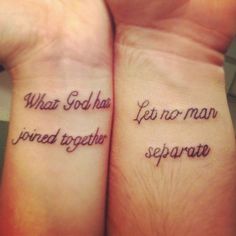 two people holding hands with tattoos on their wrists and the words, what god has loved together