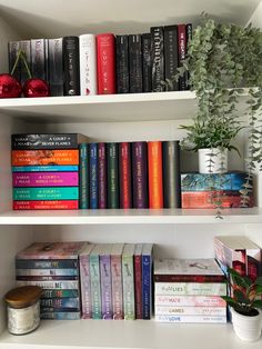 a white book shelf filled with lots of books next to a potted green plant