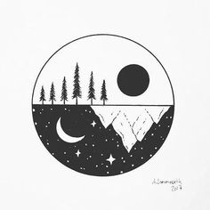 a black and white drawing of mountains, trees, and the moon in a circle