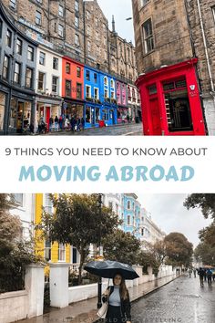 a woman walking down the street with an umbrella in front of buildings and text that reads, 9 things you need to know about moving abroad