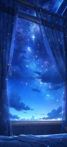 an open window with stars and clouds in the night sky