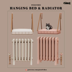 an advertisement for a bed and radiator with a cat sitting on it