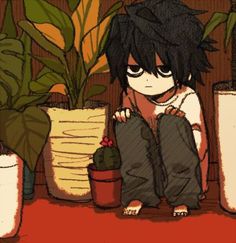 a drawing of a boy sitting on the floor next to some plants and potted plants