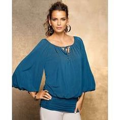 This is an example of a blouson top. It is fitted at the bottom (usually at or below the waist), causing the middle/top to blouse out. Blouson Top, Women's Tops, The Middle, Open Shoulder Tops, Notebook, Womens Tops, Women's Top