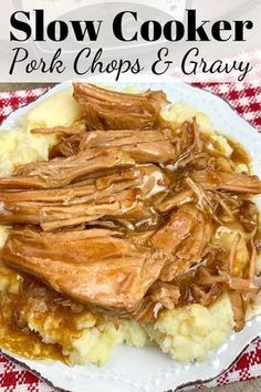 slow cooker pork chops and gravy on a plate