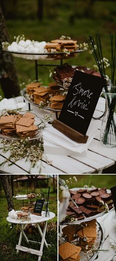 a table topped with lots of desserts next to a forest