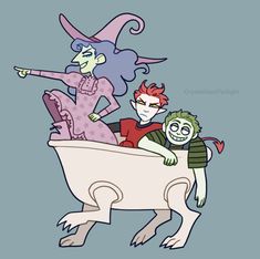 three cartoon characters riding in a bathtub with one person on the other's back