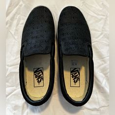 Brand New Worn Once Slip On Platform Vans Black Branded Insole Slip-ons For Streetwear, Black Slip-ons With Cushioned Footbed For Streetwear, Vans Black Sneakers With Textured Sole, Black Vans Sneakers With Textured Sole, Black Slip-ons With Round Toe For Streetwear, Black Slip-ons For Streetwear, Slip On Platform Vans, Vans Old School, Platform Vans