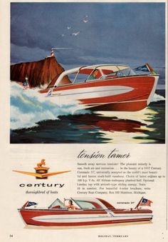 an advertisement for century motor boats with two people riding in the boat on the water