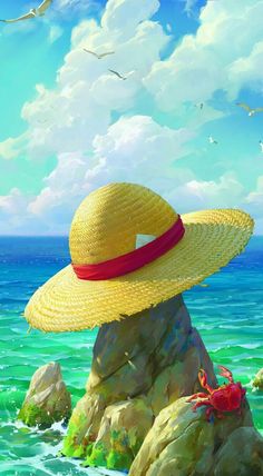 a painting of a hat sitting on top of a rock near the ocean