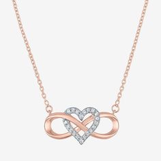 Features: Quick ShipDiamond Clarity: I1-I2Jewelry Closure: Spring Ring ClaspSetting: ProngShape: Infinity, HeartStone Cut: RoundDiamond Color: G-HMetal Color: Two ToneChain Length: 18 InchExtender Length: 2 InchPendant Length: 10.3mmPendant Width: 20.5mmRounded Carat Weight: 1/10 Ct. T.w.Chain Construction: CableCare: Wipe CleanStone Type: 20 Lab Grown DiamondAuthenticity: Lab Grown DiamondBirthstone: April BirthstoneMetal: 14k Rose Gold Over SilverNecklace Type: Pendant NecklacesCountry of Orig Rose Gold Infinity Necklace For Anniversary, Rose Gold Infinity Jewelry With Diamond Accents, Rose Gold Open Heart Necklace With Diamond Accents, Anniversary Rose Gold Necklace, Valentine's Day Rose Gold Infinity Necklace, Rose Gold Heart Cut Necklace For Anniversary, White Infinity Necklace For Anniversary, Rose Gold Jewelry With Hallmark, Rose Gold Necklaces With Diamond Accents For Anniversary