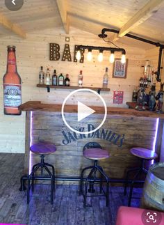 the inside of a bar with purple stools