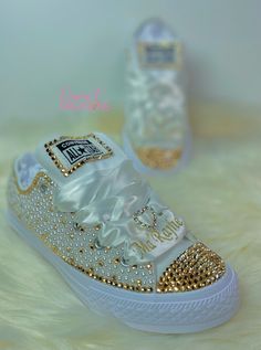 Sweet 16 Shoes Converse, Bedazzled White Wedding Shoes For Party, White Bedazzled Wedding Shoes For Party, Customizable White Sneakers For Party, Elegant Embellished Sneakers For Wedding, White Bling Sneakers For Party, Elegant Party Sneakers With Bling, White Bling Wedding Shoes, White Bedazzled Sneakers For Party