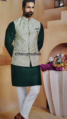 Material  ONLY Waist Coat in Banarasi silk  Top Fabric: Art silk  / raw silk / imported fabric/ Varanasi silk , Jacquard Silk  work matching thread Embroidery  Slight Color Variation may be possible due to Photography and screen resolution. These are made as per order so choose it wisely .. Luxury Nehru Jacket For Puja, Green Raw Silk Nehru Jacket For Eid, Festive Green Raw Silk Nehru Jacket, Sleeveless Nehru Jacket With Zari Work For Wedding, Traditional Green Raw Silk Nehru Jacket, Green Raw Silk Nehru Jacket For Wedding, Traditional Sleeveless Green Nehru Jacket, Sleeveless Green Traditional Nehru Jacket, Bollywood Brocade Nehru Jacket For Festivals