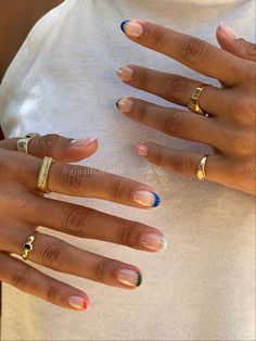 Short Nail 2024 Trends, Short Color French Nails, Color French Tip Nails Summer, Hamptons Nails, Short Colored French Tip Nails, Short Round Nails Summer, Multicolor French Tip Nails, Multi Colored French Tip Nails, Dip Nail Design