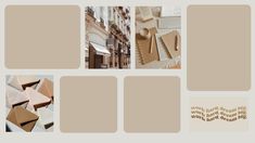 several different pictures with the same color and font on them, including brown paper squares