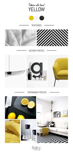 the interior design website is displayed in black and white, with yellow accents on it