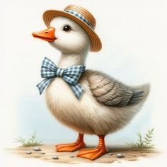 a painting of a duck wearing a hat with a bow tie on it's head