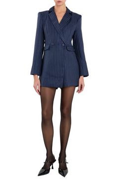 A workday aesthetic comes to play in this pinstriped romper designed with suiting style. Double-breasted button closure Notched lapels Four-button cuffs Front flap pockets Lined 100% polyester Hand wash, dry flat Imported Pinstripe Skirt Suit, Navy Pinstripe Blazer Outfit Women, Navy Pinstripe Blazer Outfit, Pinstripe Blazer Outfit, Graduation Inspiration, Blazer Romper, Romper Designs, Coverall Jumpsuit, Blazer Outfits For Women