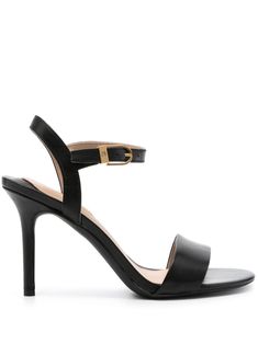 black calf leather single toe strap round open toe buckle-fastening ankle strap branded footbed 100mm high heel Leather Sandals With 4-inch Heel And Double Strap, Sleek Single Strap Leather Heels, Formal Heels With Single Strap And Open Heel, Elegant Black Single Strap Sandals, Formal High Heels With Single Strap, Formal Single Strap Open Heel Heels, Leather Single Strap Sandals For Evening, Leather Heels With Single Strap For Evening, Leather Single Strap Heels For Evening