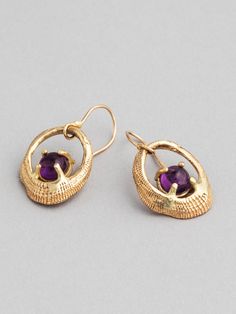 A pair of 14k yellow gold and amethyst dangling earrings Gold Amethyst Earrings Fine Jewelry, Elegant Purple 14k Gold Earrings, Yellow Gold Amethyst Earrings Hallmarked, Formal Amethyst Drop Earrings, Gold Amethyst Round Earrings, Yellow Gold Amethyst Teardrop Earrings, Gold Amethyst Gemstone Earrings, Gold Amethyst Earrings With Ear Wire, Dangling Earrings