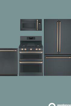 an appliance ad for kitchen appliances including stove, refrigerator and oven with gold trim