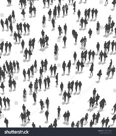 a large group of people standing in the shape of a crowd, all facing different directions